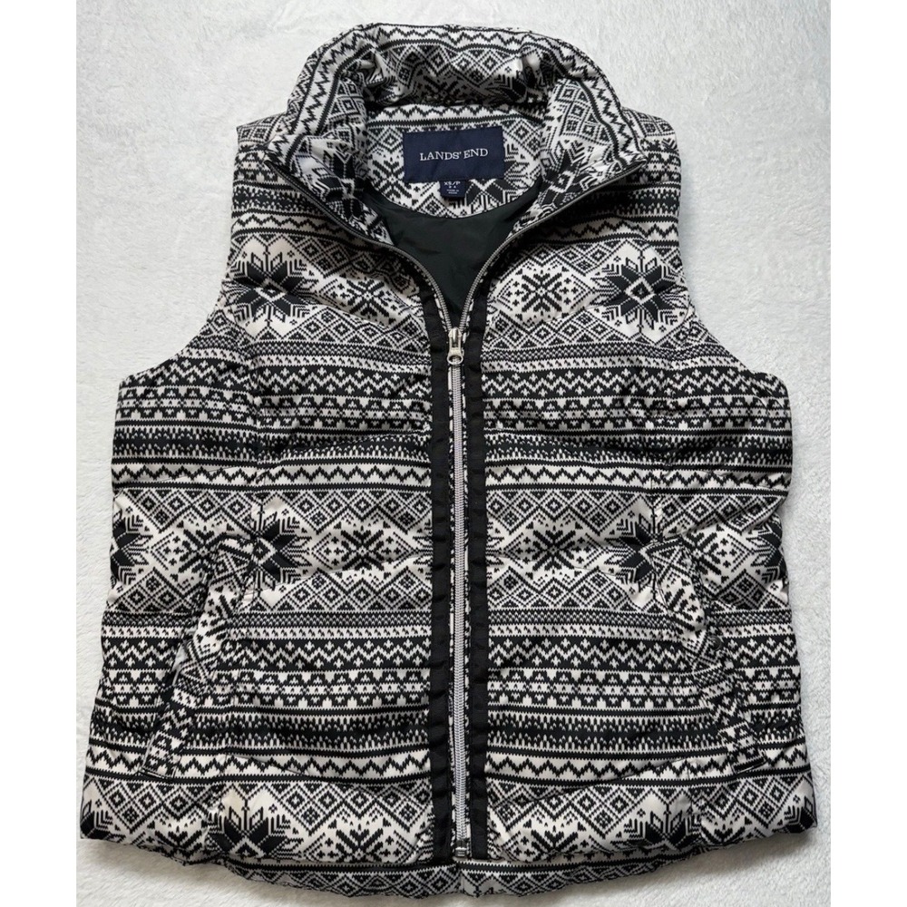 Lands End Womens Black White Snowflake Puffer Vest Full Zip Sleeveless XS